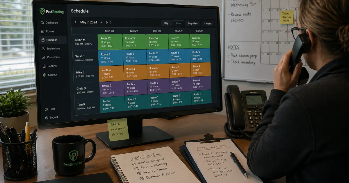 Dispatcher on the phone at a weekly schedule grid of colour-coded technician routes, handwritten notes beside the keyboard