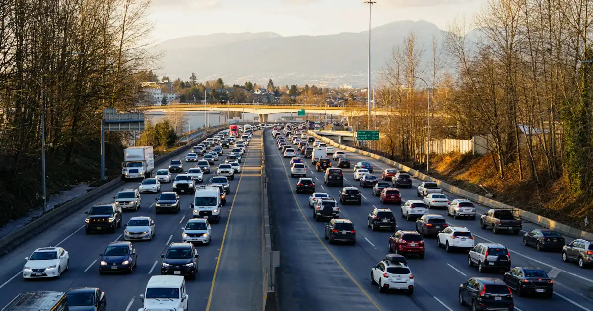 Rush-hour traffic backed up along a city road