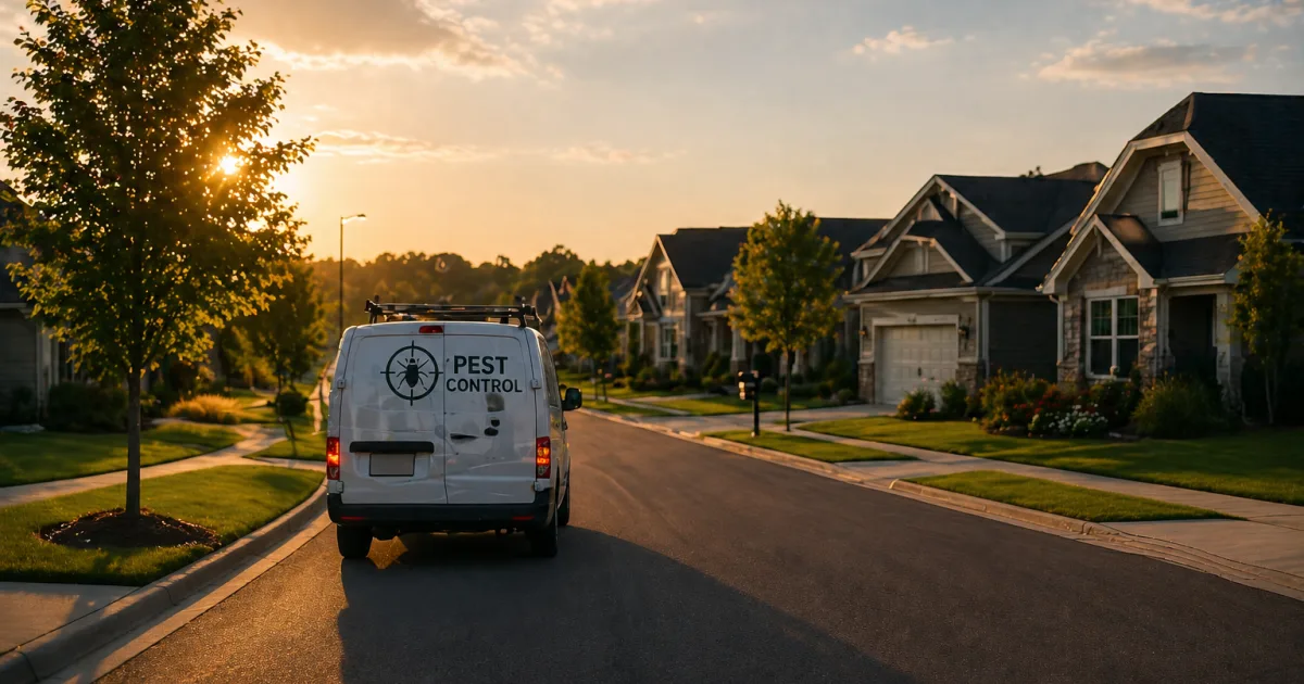 Pest control service van driving away down a suburban street of detached houses at sunset