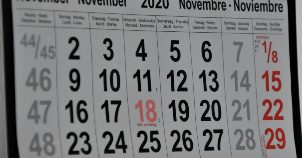 A wall calendar turned to a single month