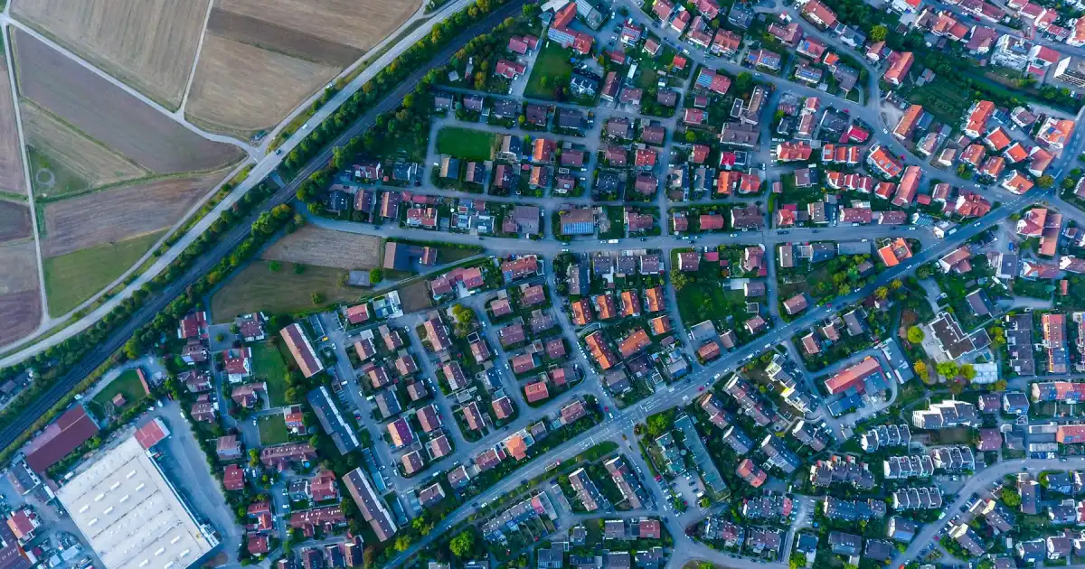 Suburban streets and rooftops seen from directly above