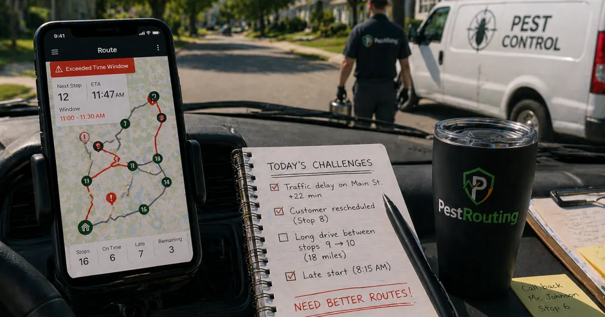 Dashboard-mounted phone showing a route map with an exceeded time window, beside a handwritten list of the delays logged that morning
