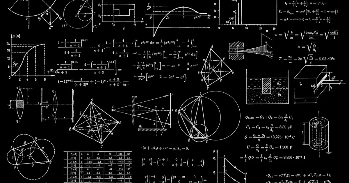 A blackboard covered in handwritten mathematical formulas and diagrams