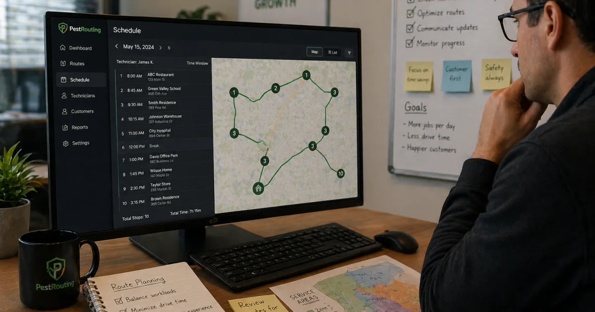 Owner studying a planned route of ten numbered stops on a map beside its stop-by-stop timed schedule