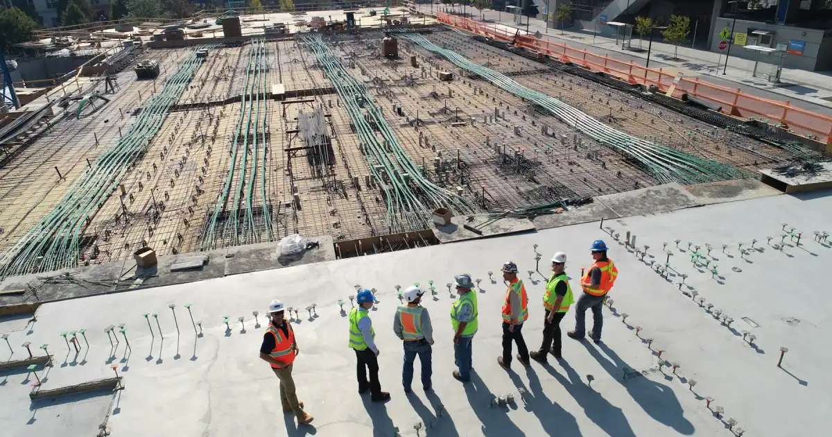 A line of workers standing together at the start of a shift