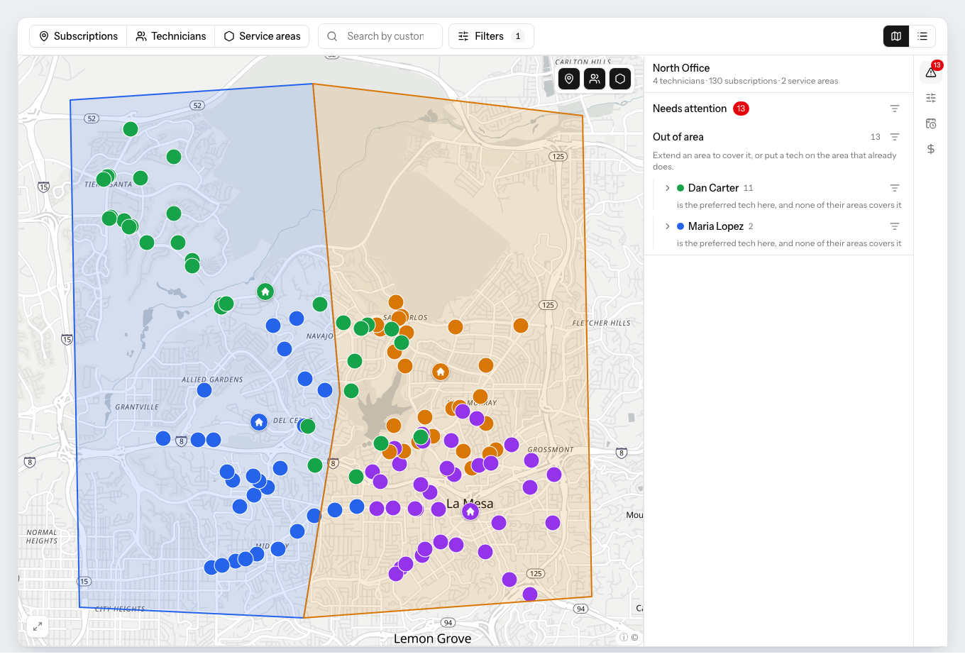 The PestRouting configuration map: two service areas drawn over a street map, customers as dots in their preferred technician’s colour, and a panel listing 13 customers that no service area covers.