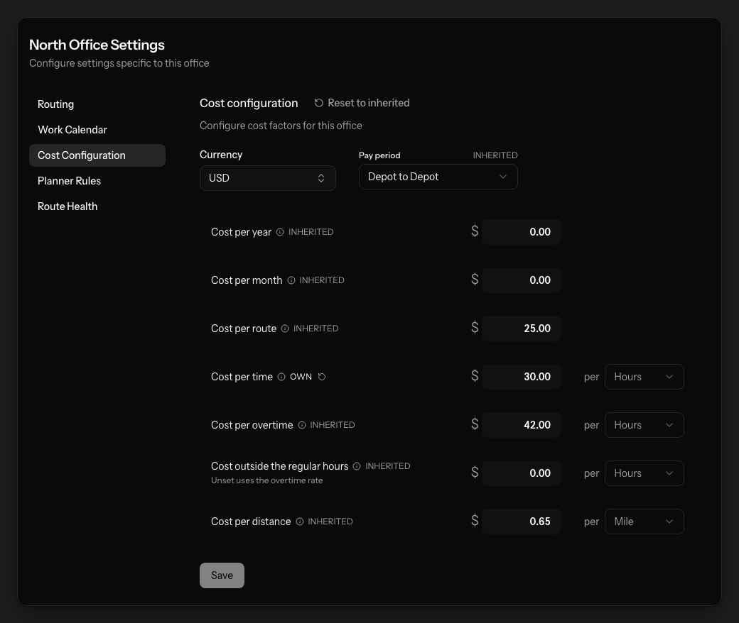 A PestRouting office cost configuration: currency USD and pay period depot to depot marked inherited, cost per time at $30.00 per hour marked OWN with a reset icon, and cost per route, overtime and distance inherited from the organization.