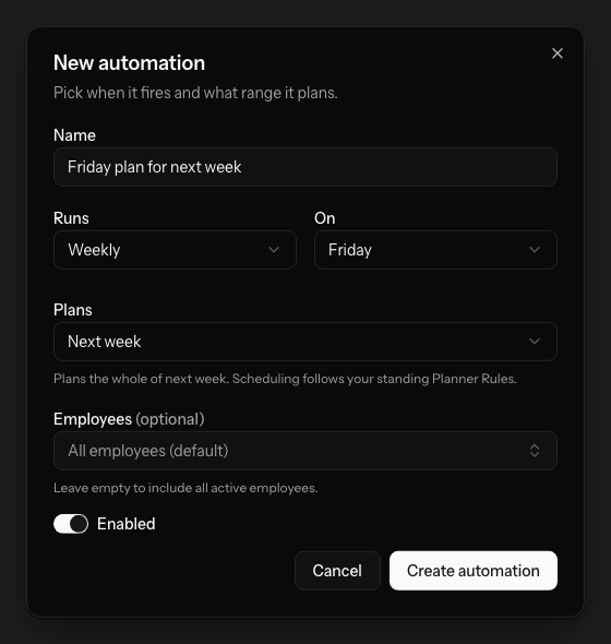 The New automation dialog in PestRouting: a name, how often it runs, which day, the range it plans, an optional list of employees, and an Enabled switch.