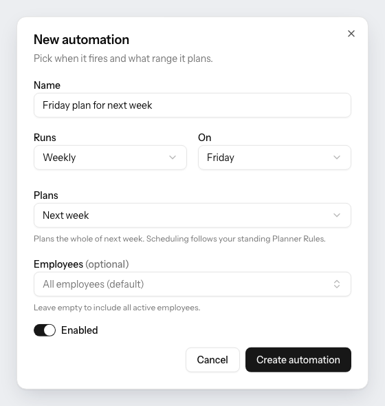 The New automation dialog in PestRouting: a name, how often it runs, which day, the range it plans, an optional list of employees, and an Enabled switch.