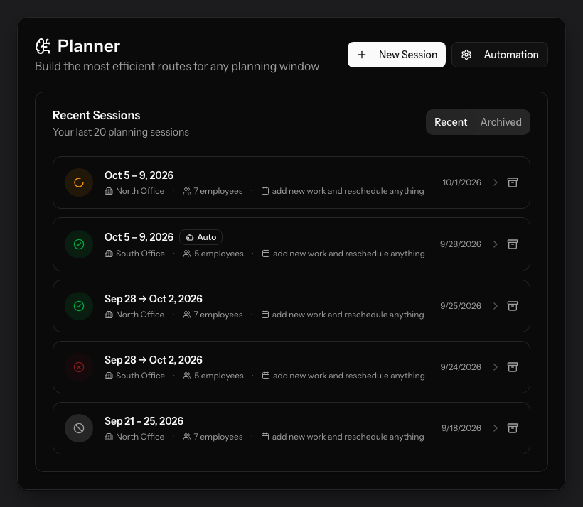 The PestRouting planner page: New Session and Automation at the top right, and a Recent Sessions list where each row carries a status icon — a spinner for a run still working, a green check for a ready plan, a red circle for a failed one — with one session marked Auto because an automation started it.