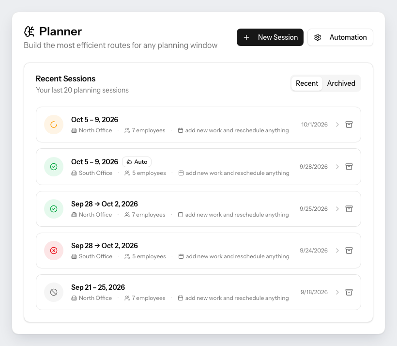 The PestRouting planner page: New Session and Automation at the top right, and a Recent Sessions list where each row carries a status icon — a spinner for a run still working, a green check for a ready plan, a red circle for a failed one — with one session marked Auto because an automation started it.