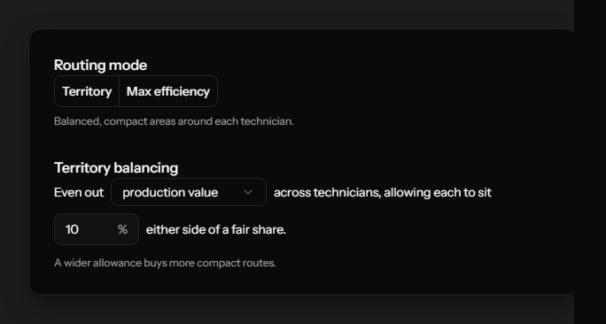 The PestRouting routing settings for one office: a Territory or Max efficiency switch, and a sentence that evens out production value across technicians, allowing each to sit 10% either side of a fair share.