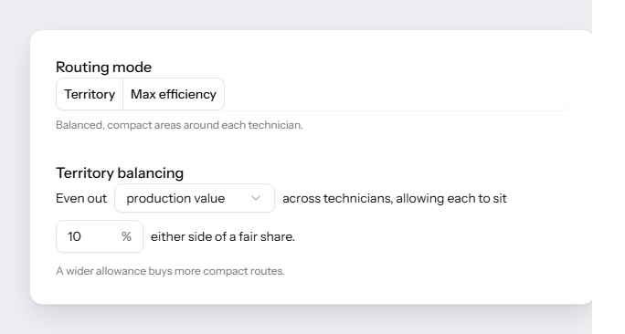 The PestRouting routing settings for one office: a Territory or Max efficiency switch, and a sentence that evens out production value across technicians, allowing each to sit 10% either side of a fair share.