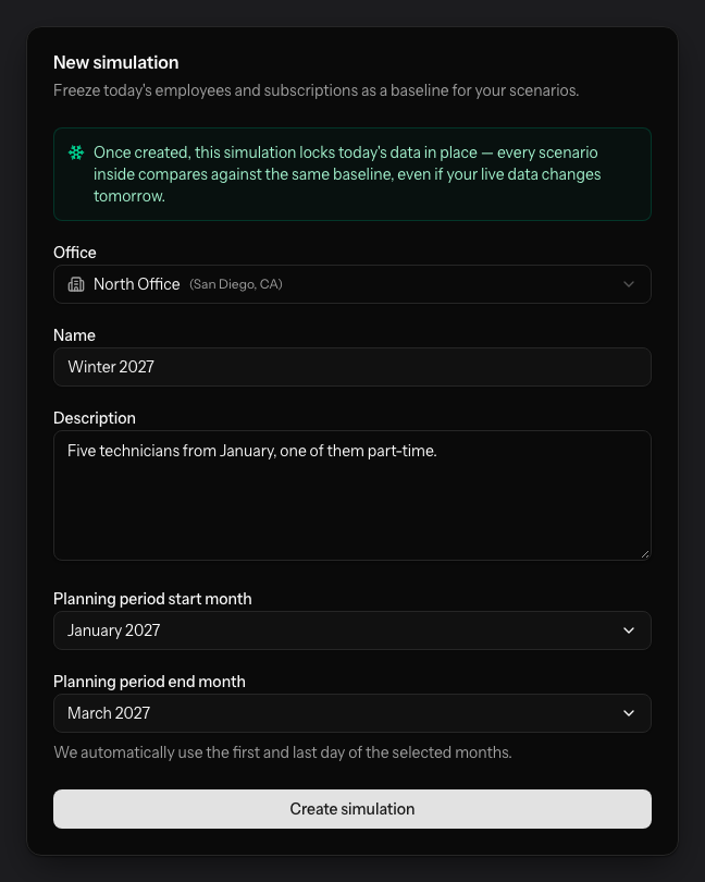 The PestRouting new simulation form: the office, a name reading Winter 2027, a description about five technicians from January, and a planning period running from January to March 2027.