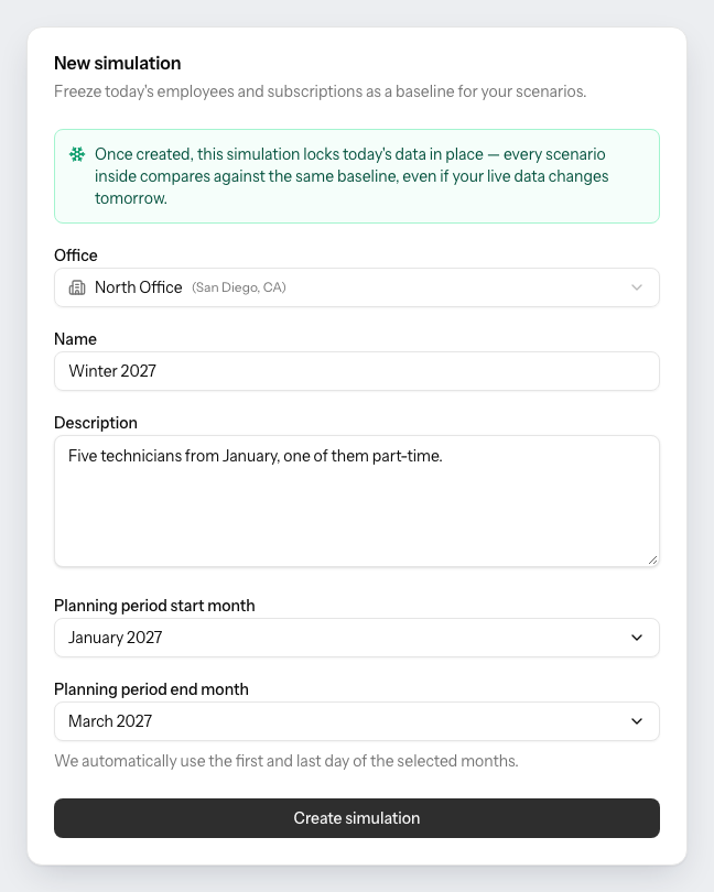 The PestRouting new simulation form: the office, a name reading Winter 2027, a description about five technicians from January, and a planning period running from January to March 2027.